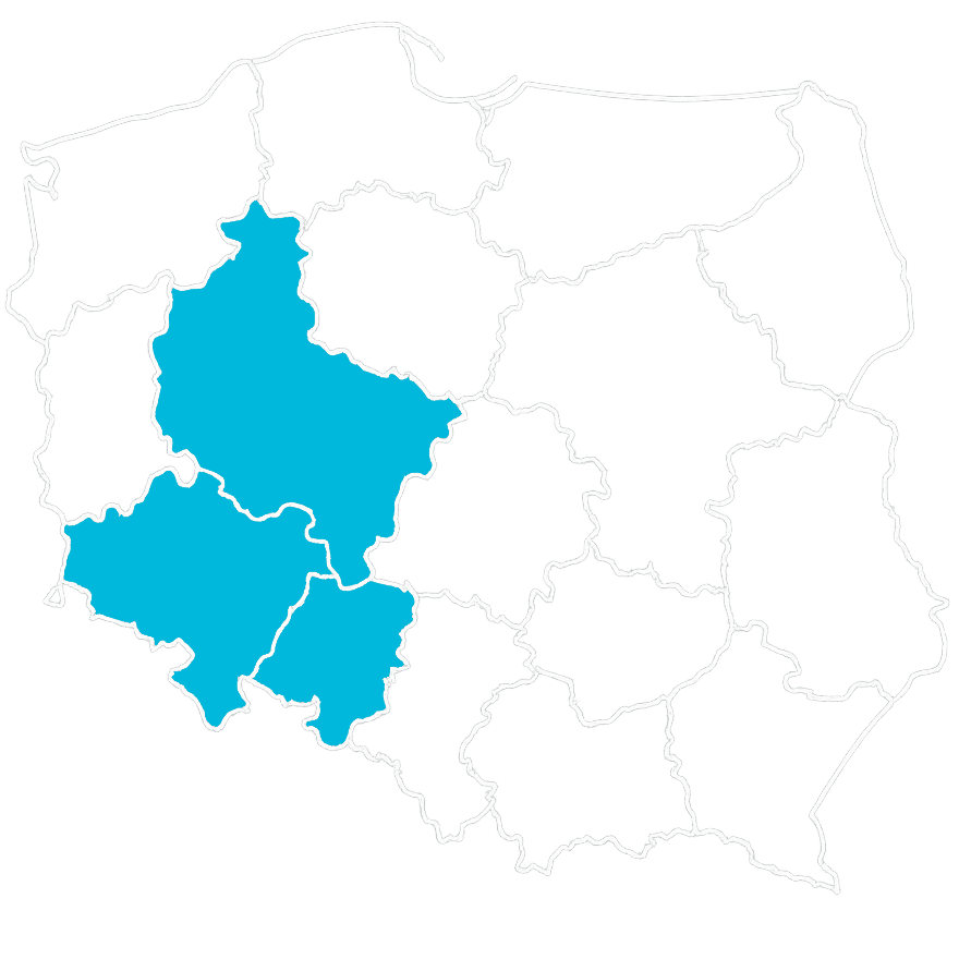 Mapa obszaru działania firmy ANMACO - Dolny Śląsk, Opolskie, Wielkopolska